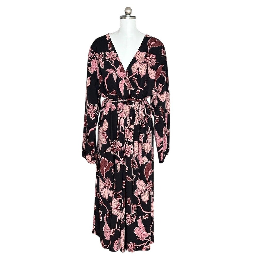 Ellos Wrap Midi Dress Womens Plus 22/24 Black Pink Floral Long Sleeve